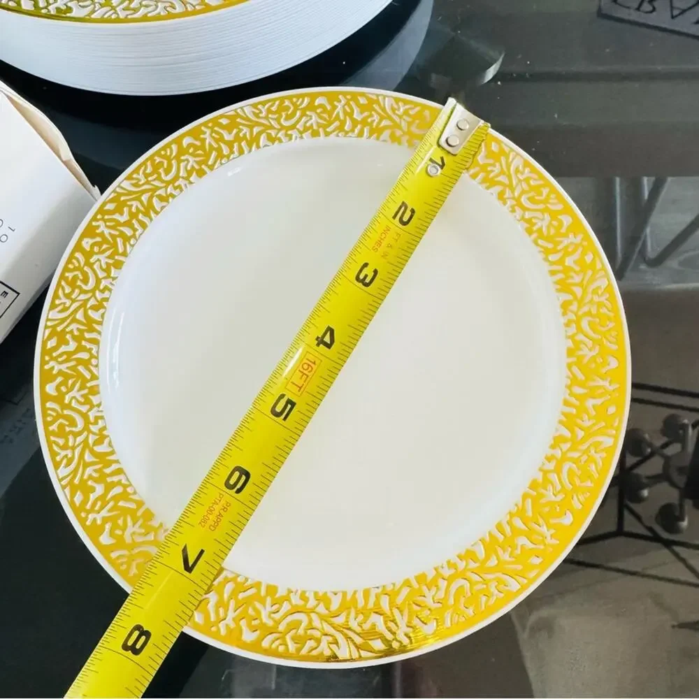 20 NEW Gold Swirl Rim White Plastic Disposable Party Plates Polka Dot Napkins
